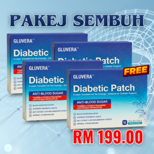 PAKEJ SEMBUH ( 3 KOTAK GLUVERA DIABETIC PATCH + FREE 1 KOTAK GLUVERA DIABETIC PATCH + FREE 1 BAG GLUVERA TEA )