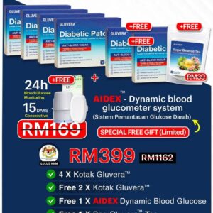 PAKEJ KONSISTEN ( 4 KOTAK GLUVERA DIABETIC PATCH + FREE 2 KOTAK GLUVERA DIABETIC PATCH + FREE 1 BAG GLUVERA TEA + FREE 1 GLUCOMETER )